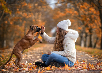 glückliches Mädchen übt mit Hund im Park
