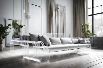 Compose an image of an acrylic sofa that appears almost weightless in its design. 