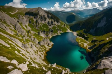 Aerial panoramic view of Seven Rila lakes and waterfalls in nature of mountain range, hiking, 8k. 