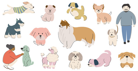 Cute Hand-Drawn Cartoonish Dogs Vector Illustration Set Isolated On A White Background. 