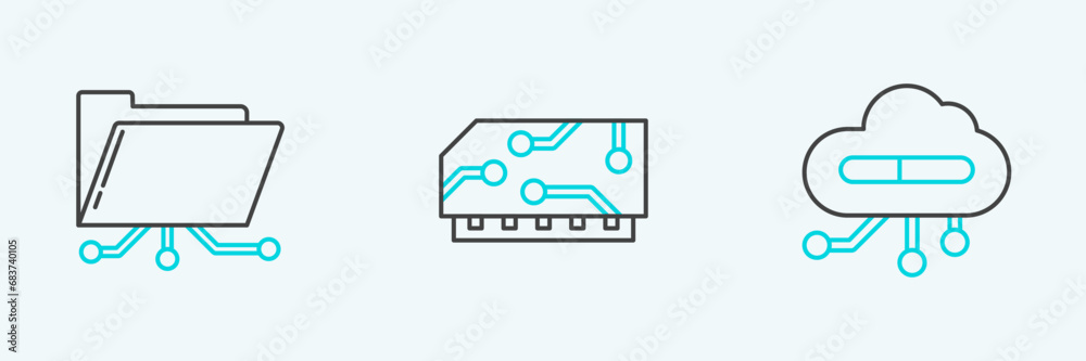 Poster set line internet of things, folder and lock and ram, random access memory icon. vector