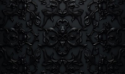 Intricate Dark Ornate Pattern Wallpaper. Black 3D Baroque Background, Generative AI - obrazy, fototapety, plakaty