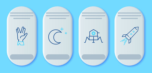 Set line Moon and stars, Mars rover, Vulcan salute and Rocket ship with fire icon. Vector
