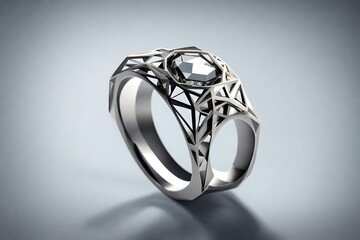 Close up view, A 3D-printed engagement ring with a unique geometric design. 