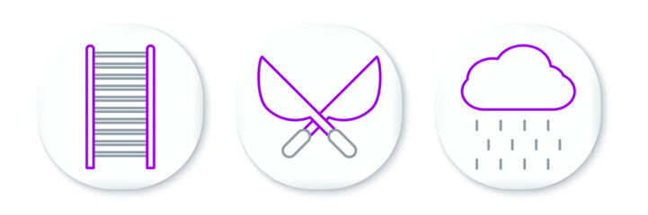 Set line Cloud with rain, Wooden staircase and Gardening handmade scissors icon. Vector