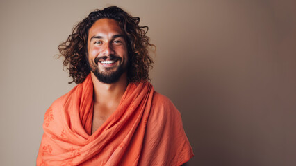 Polynesian man in 30s with long curly hair