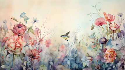 Watercolor wallpaper, floral seasonal background, generative ai - obrazy, fototapety, plakaty