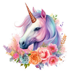 Cute colorful magic unicorn with flowers Illustration, Generative Ai