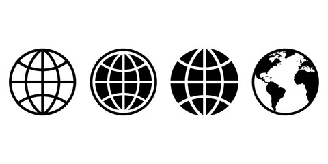 World icons set. Earth icon collection. Globes with world maps symbol. Globe shape line. World planet icon