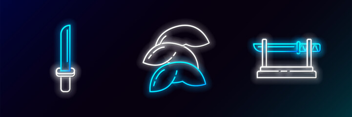 Set line Traditional Japanese katana, and Chinese fortune cookie icon. Glowing neon. Vector