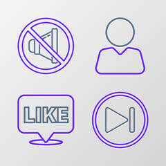 Set line Fast forward, Like in speech bubble, Add to friend and Speaker mute icon. Vector