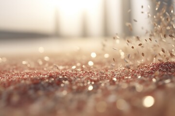 An evocative close-up image capturing the moment when a multitude of small, brown grains are...