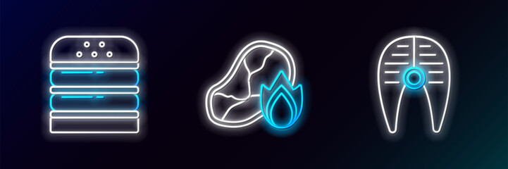 Set line Fish steak, Burger and Grilled meat and fire flame icon. Glowing neon. Vector