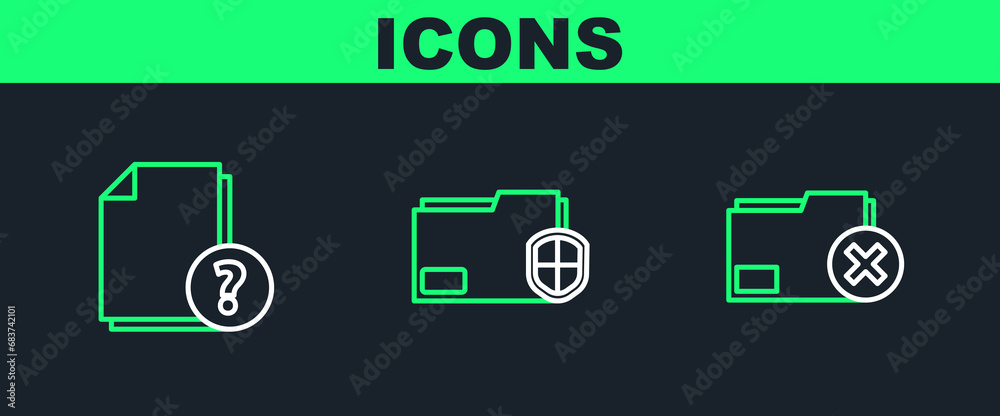 Poster set line delete folder, unknown document and document protection icon. vector
