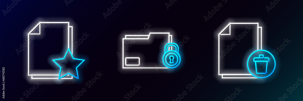 Poster set line delete file document, document with star and folder and lock icon. glowing neon. vector