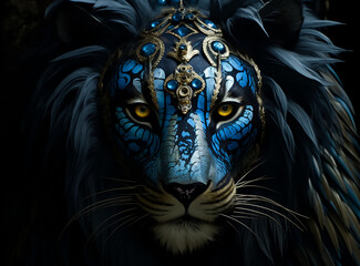 Blue Gray and gold Tiger, portrait, painted fur, Anger look, golden Accessories 