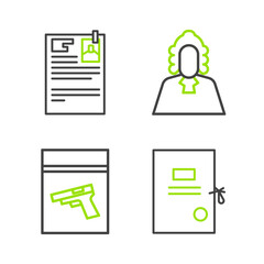 Set line Lawsuit paper, Evidence bag and pistol or gun, Judge and icon. Vector