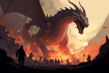 Digital illustration painting design style peoples against a huge dragon with destroyed town, Generative AI