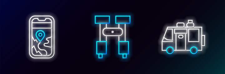 Set line Rv Camping trailer, City map navigation and Binoculars icon. Glowing neon. Vector