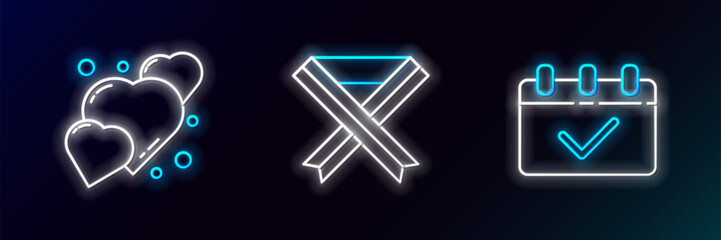 Set line Calendar with 8 March, Heart and Breast cancer awareness ribbon icon. Glowing neon. Vector