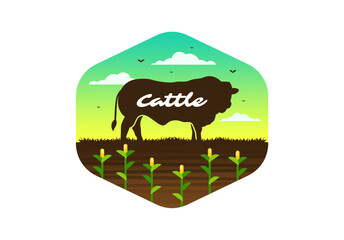 Angus Cow Cattle Farm Ranch with Cornfield Logo Design