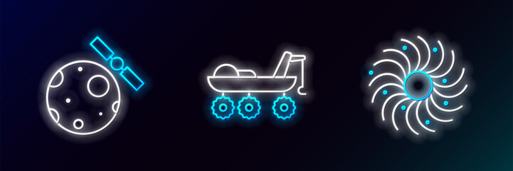 Set line Black hole, Satellites orbiting the planet Earth and Mars rover icon. Glowing neon. Vector