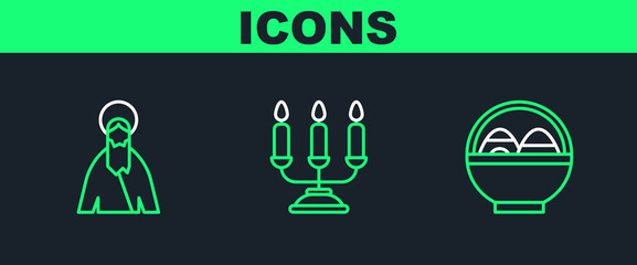 Set line Basket with easter eggs, Jesus Christ and Candelabrum candlesticks icon. Vector
