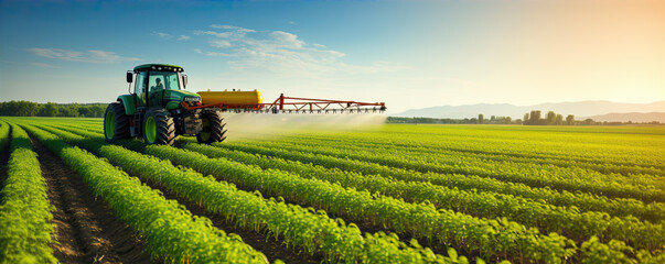 The tractor sprays the crops in the amzing field