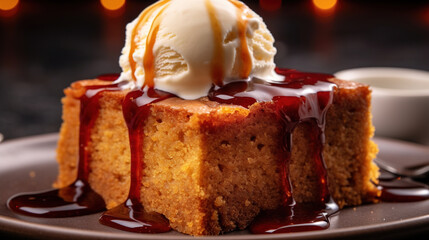 The Most Delicious Brown Sugar Date Cake Top with Luscious Light Brown Syrup Topped with Vanilla Ice Cream  Background Selective Focus - obrazy, fototapety, plakaty