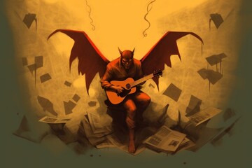 Digital illustration painting design style a man as devil playing guitar, against demons and sheet music papers, Generative AI - obrazy, fototapety, plakaty