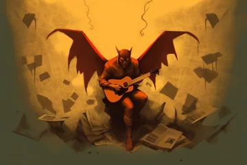 Fotobehang Digital illustration painting design style a man as devil playing guitar, against demons and sheet music papers, Generative AI © Colorful Graphics