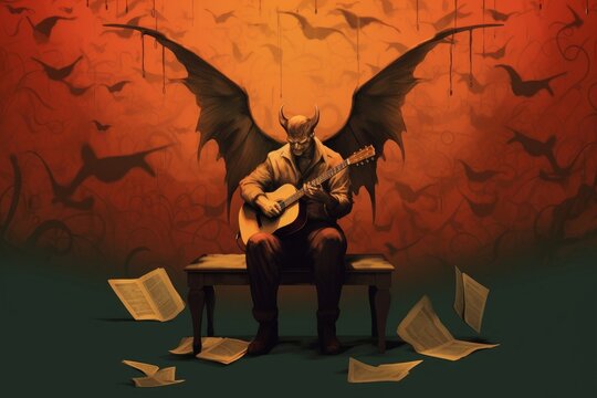 Digital illustration painting design style a man as devil playing guitar, against demons and sheet music papers, Generative AI
