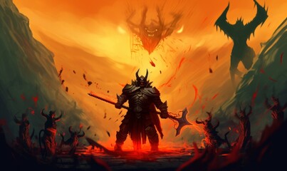 Digital illustration painting design style a knight and big sword against demon armies, Generative AI - obrazy, fototapety, plakaty