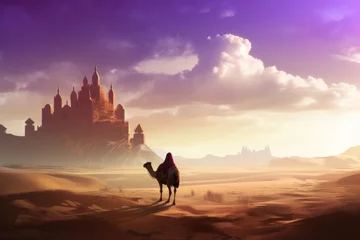 Foto op Plexiglas Digital illustration painting design style a man with camel looking at to city in desert, against cloudy, Generative AI © Colorful Graphics