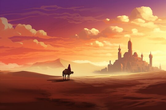 Digital illustration painting design style a man with camel looking at to city in desert, against cloudy, Generative AI