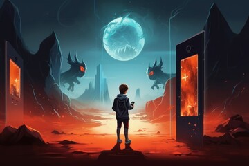 Digital illustration painting design style a boy and football standing in front of devil in mobile phone, against many mobile phone and tablets, kids with technology, Generative AI
