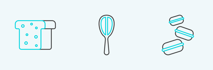 Set line Macaron cookie, Bread toast and Kitchen whisk icon. Vector