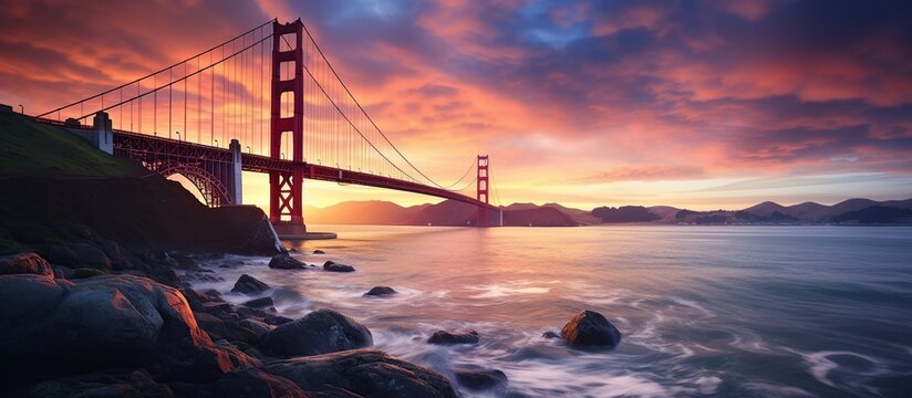 Panoramic view Bridge illuminated in beautiful golden light at sunset. AI generated image