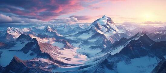 Beautiful landscape of mountains with white snow and blue sky. AI generated image - obrazy, fototapety, plakaty