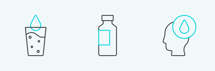 Fototapeta premium Set line Water drop, Glass with water and Bottle of icon. Vector