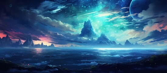 Futuristic fantasy abstract island with river at night sky on space galaxies landscape. AI generated