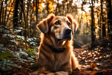 Autumn portrait of a male hybrid dog sitting in the jungle, 8k. 