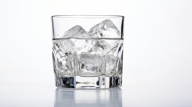 Glass of vodka with ice on white background