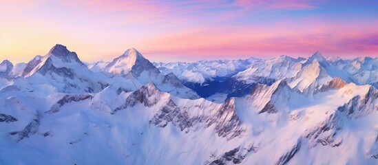 Beautiful landscape of mountains with white snow and blue sky. AI generated image - obrazy, fototapety, plakaty