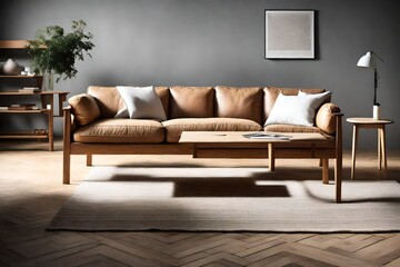 Highlight the simplicity and functionality of a Shaker Style sofa in a minimalist setting.  - obrazy, fototapety, plakaty