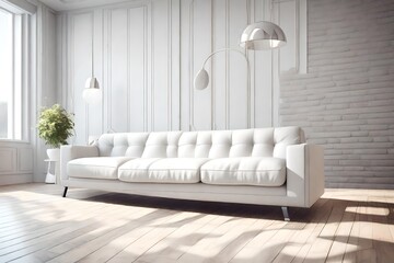 close view of whote sofa , present room near the window , 3d render  