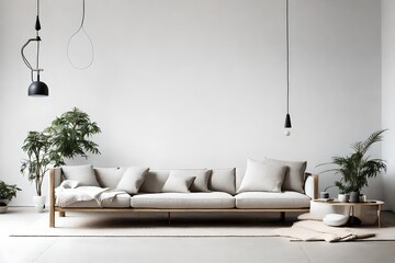 Illuminate a minimalist sofa in a serene and clutter-free setting, emphasizing simplicity and sophistication. 