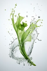 a visually striking image of a celery stalk descending gracefully into the water, creating an elegant display of splashes against a pure white backdrop. generative AI