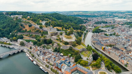 Namur, Belgium. Citadelle de Namur - 10th-century fortress with a park, rebuilt several times. Panorama of the central part of the city. River Meuse. Summer day, Aerial View