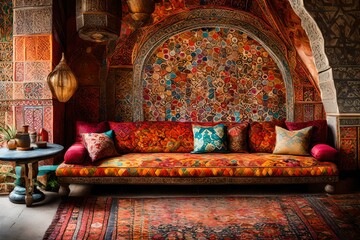 Capture the vibrant patterns and colors of a Moroccan sofa in a lively and exotic setting. 